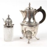 Silver lidded jug with wooden handle and a Victorian silver cut glass mustard, the jug 14.5cm