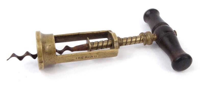 Victorian wooden and brass 'The King Patent' corkscrew numbered 6064, 18cm long : For Condition