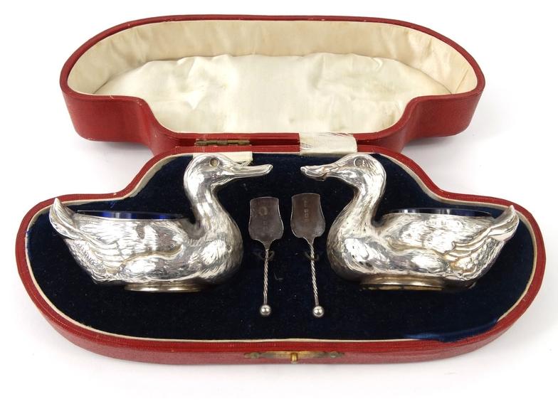 Pair of novelty silver duck salts with blue glass liners, HW Ltd Birmingham 1905-06 and numbered - Image 4 of 8