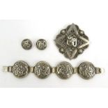 Middle Eastern silver coloured metal brooch, bracelet and earrings, the bracelet 17cm long : For