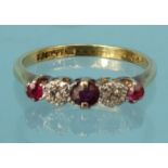 Gold diamond and ruby ring, indistinct marks to the inside, size L, approximate weight 2.7g : For