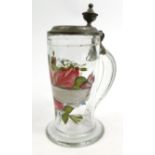 Early Victorian Continental glass beerstein hand enamelled with flowers, with pewter lid, initialled