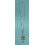 Edwardian 9ct gold seed pearl and green stone pendant on a 9ct gold necklace, the pendant 4.7cm