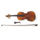Old wooden violin and bow, the back 37cm long : For Condition Reports please visit www.