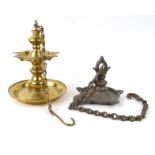 Two Middle Eastern hanging brass oil lanterns , the larger 25cm high : For Condition Reports