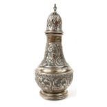 Silver baluster shaped sifter with embossed floral decoration, Birmingham 1905-06, 17cm high : For