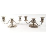 Pair of Elkington & Co silver three branch candelabra, Birmingham 1953-54, 27.5cm long : For