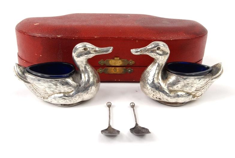Pair of novelty silver duck salts with blue glass liners, HW Ltd Birmingham 1905-06 and numbered - Image 3 of 8
