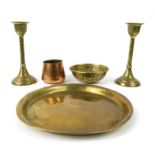 Middle Eastern copper pot with Arabic design script, bowl, circular brass tray and a pair of