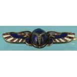 Art Nouveau winged scarab brooch set with diamonds, pink stones and blue enamel decoration, 5cm