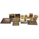 Selection of oriental Japanese gold lacquer boxes, wall plaques, miniature chest, etc, some