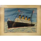 Shipping interest woolwork picture of the Titanic passenger ship, contemporary mounted and framed,
