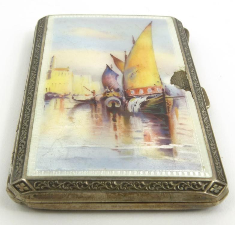 Rectangular silver cigarette case, the lid enamelled with a Venetian scene, stamped '925' to the - Image 3 of 5