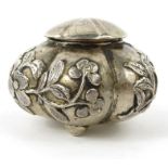 Oriental Chinese silver inkwell decorated with flowers, character mark to base, 6cm diameter : For