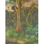 Cantimoy - Oil onto canvas of a figure gathering firewood in the forest, inscribed signature,