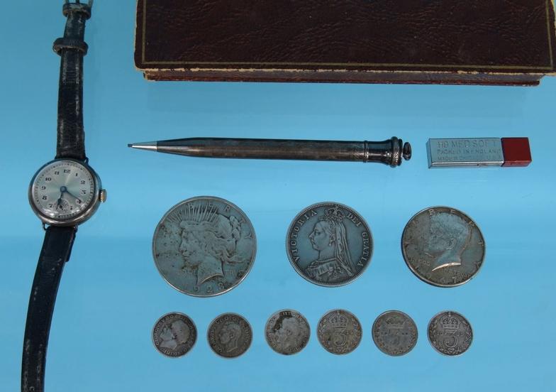 Collection of silver coins, silver wristwatch and a silver propelling pencil : For Condition Reports - Image 2 of 3