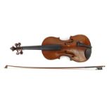 Old wooden violin and bow, the back 37cm long : For Condition Reports please visit www.