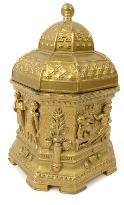 Victorian lead tobacco jar and cover decorated with classical smoking scenes and script, 20cm high : - Image 2 of 5