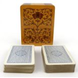 Inlaid playing card box with two packs of playing cards, 11.5cm high : For Condition Reports