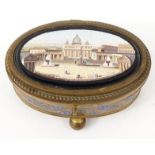 Well detailed micromosaic oval gilt metal box with silk lined interior for C. Roccheggiani Roma, 9cm