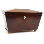 Victorian mahogany twin divisional tea caddy with glass mixing bowl, 28.5cm long : For Condition