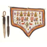Beadwork panel and a leather handled dagger, the largest 30cm wide : For Condition Reports please