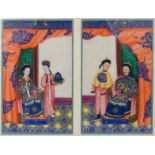Six oriental Chinese pith paintings of courtiers and attendants, each mounted and framed, 33cm x
