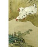 Bolang Yan - Oriental Chinese hand painted scroll of ducks, signature marks, 29cms x 35cms : For