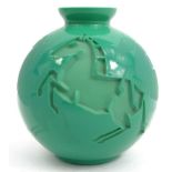 Jarvil Nancy abstract Art deco green glass horse vase, etched mark to side, 16cm high : For