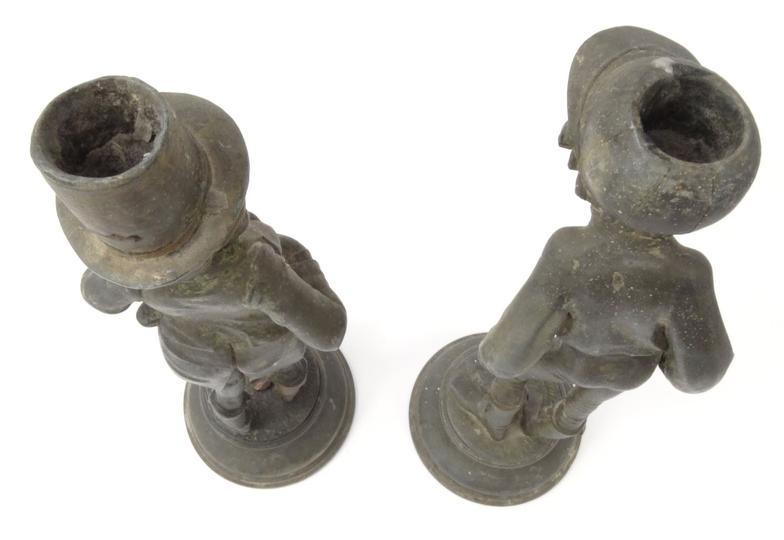 Pair of Victorian novelty spelter candlesticks in the form of a jockey and gentleman, the jockey - Image 5 of 8