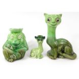 Novelty green Majolica monkey jug and two long necked pottery cat vases, the largest 22cm high : For