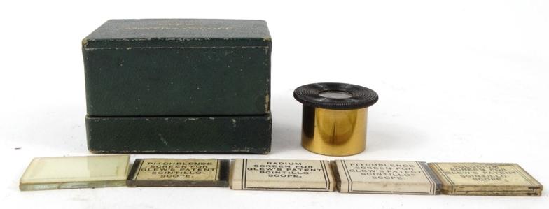 Clews brass scintilloscope housed in a cardboard box with slides, 2.5cm diameter : For Condition - Image 2 of 5