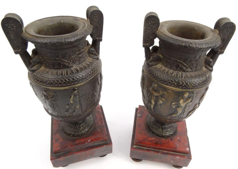 Pair of bronze urns decorated with classical scenes mounted on red marble bases, 23.5cm high : For - Image 2 of 6