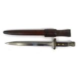 Military interest British bayonet, housed in a leather scabbard, stamped marks to blade, 44cm long :