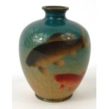 Oriental Japanese cloisonné vase decorated with koi carp, character mark to base, 9cm high : For