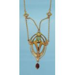 Art Nouveau 9ct gold pendant necklace, the necklace 40cm long, approximate weight 3.9g : For