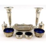 Silver items comprising pair of trumpet shaped bud vases, six piece cruet and a rectangular bonbon