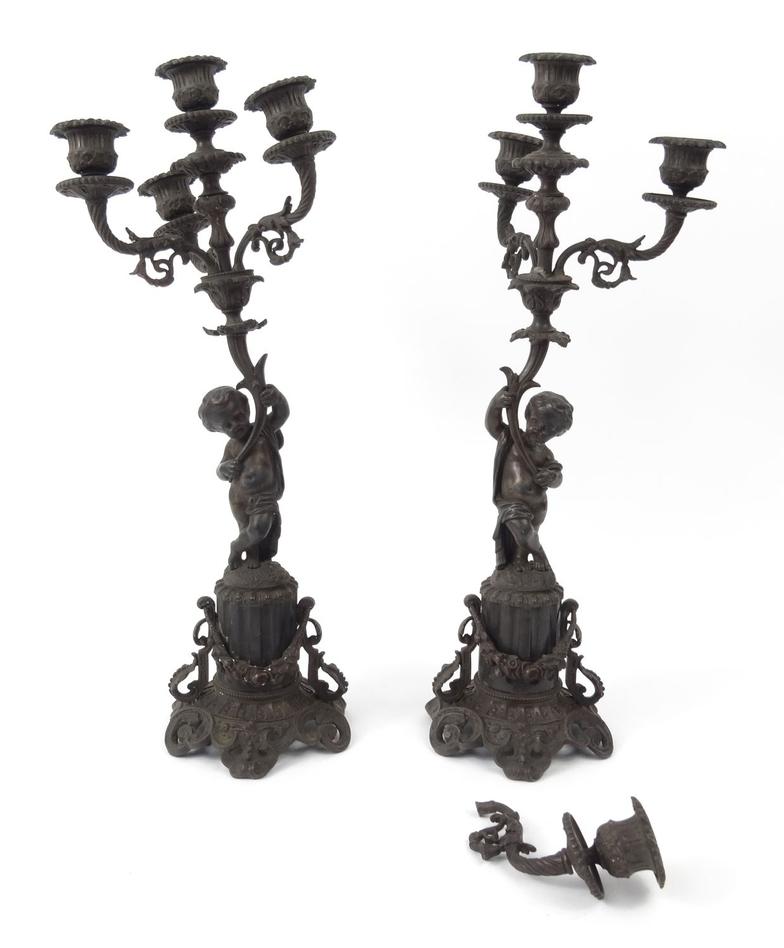 Pair of Victorian bronze cherub candelabra with putti supports, 45cm high : For Condition Reports