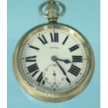 Cyma open faced pocket watch with railway train back, 5.7cm diameter : For Condition Reports