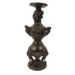 Oriental Japanese bronze candle holder decorated with mythical dragons, 24cm high : For Condition