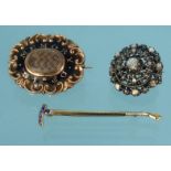 Antique unmarked metal diamond cluster brooch, unmarked gold sapphire and diamond riding crop brooch