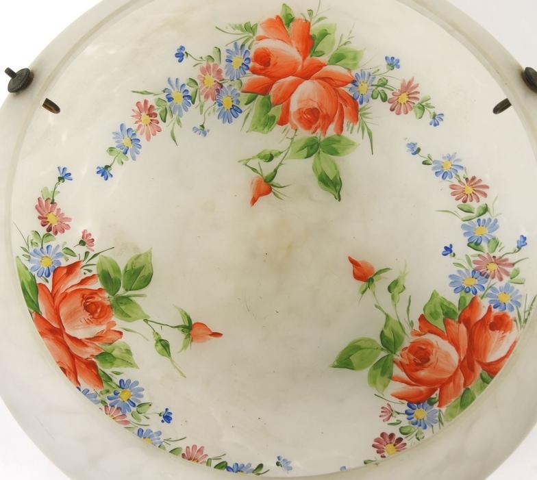 Large Edwardian mottled glass lamp shade with internal floral hand painted roses, 40cm diameter : - Image 3 of 5