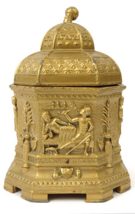 Victorian lead tobacco jar and cover decorated with classical smoking scenes and script, 20cm high :