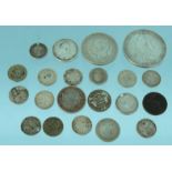 Small selection of mostly silver coins including 1898 crown, threepenny bits, etc : For Condition