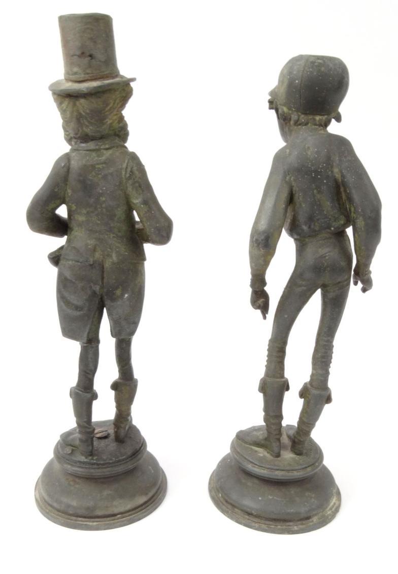 Pair of Victorian novelty spelter candlesticks in the form of a jockey and gentleman, the jockey - Image 4 of 8