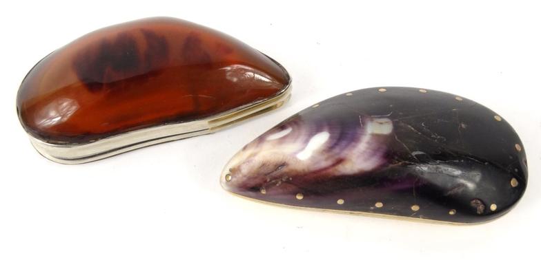 Georgian unmarked silver and shell snuff box with floral chased lid, together with a brass mussel