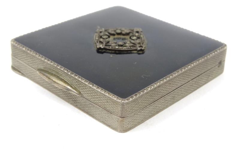 Square silver compact with black enamel and marcasite decoration, marked '925' to the interior, - Image 4 of 7