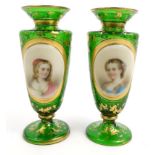 Pair of Victorian green overlay glass vases hand painted with panels of maidens, 15cm high : For