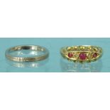 18ct gold diamond and ruby ring, size J, and a platinum wedding band, size I, approximate weight 5.