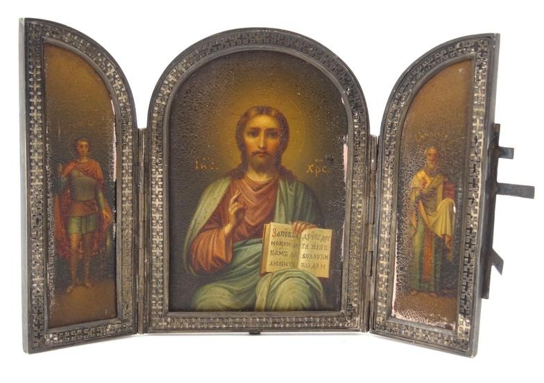 Russian silver framed hand painted icon, Russian script to back, dated 1915, given by Roderick to